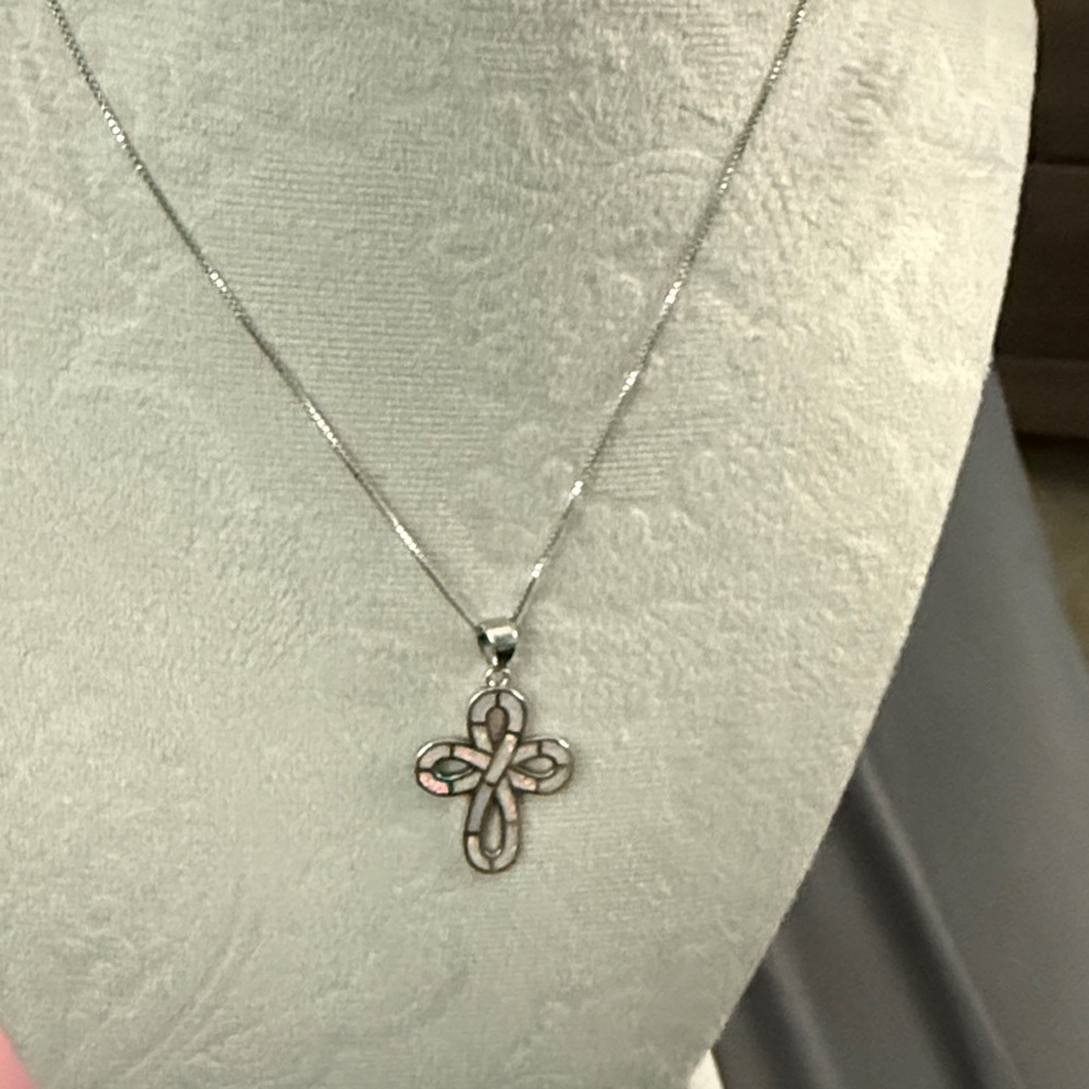 Beautiful 925 SS and opal cross pendant necklace